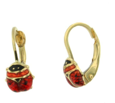 Yellow Gold Enamel Ladybug Lever Back Earrings.