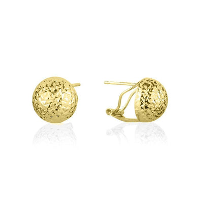 Yellow Gold Diamond Cut Button Omega Back Earrings.