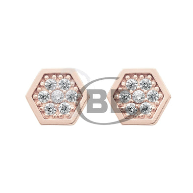 Rose Gold Cubic Zirconia Hexagon Stud Earrings.