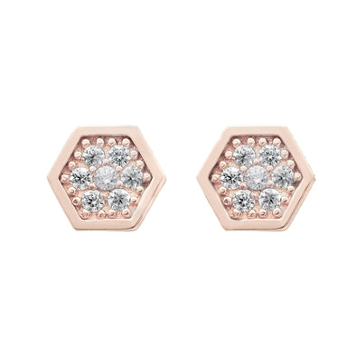 Rose Gold Cubic Zirconia Hexagon Stud Earrings.