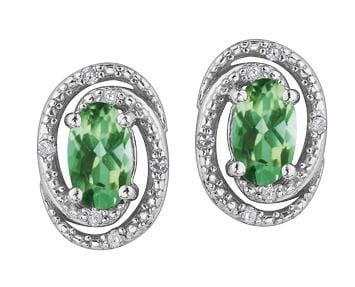 Sterling Silver Emerald, Diamond Stud Earrings.