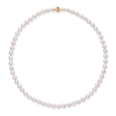 Cultured Akoya Pearl Necklace.6.5 - 7.0mm Pearls. 18 Inch Knotted Strand. Yellow Gold Clasp.