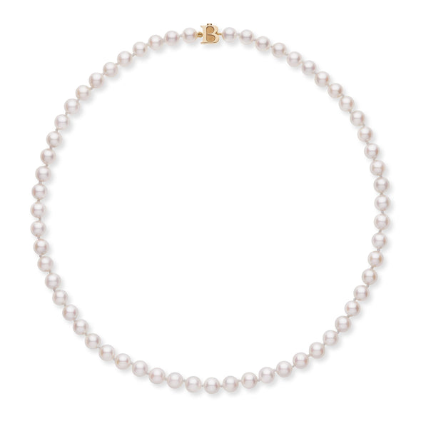 Cultured Akoya Pearl Necklace.6.5 - 7.0mm Pearls. 18 Inch Knotted Strand. Yellow Gold Clasp.