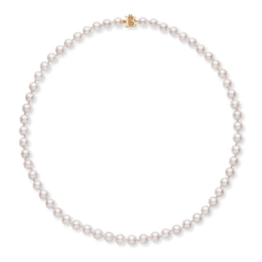 Cultured Akoya Pearl Necklace.6.5 - 7.0mm Pearls. 18 Inch Knotted Strand. Yellow Gold Clasp.