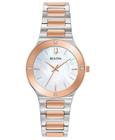 Bulova Ladies Two Tone, Stainless Steel Bracelet Diamond Dial, 30m 3ATM Water Resistant, Mother of Pearl Dial Quartz Watch -