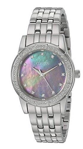 Citizen Ladies Silver Tone Swarovski Crystal, 50m 5ATM Water Resistant, Mother of Pearl Dial Eco-Drive Watch -