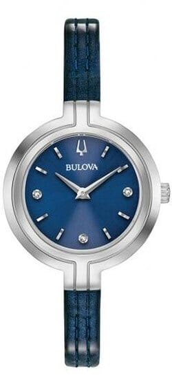 Bulova Ladies Silver Tone, Leather Strap Diamond Dial Quartz Watch -