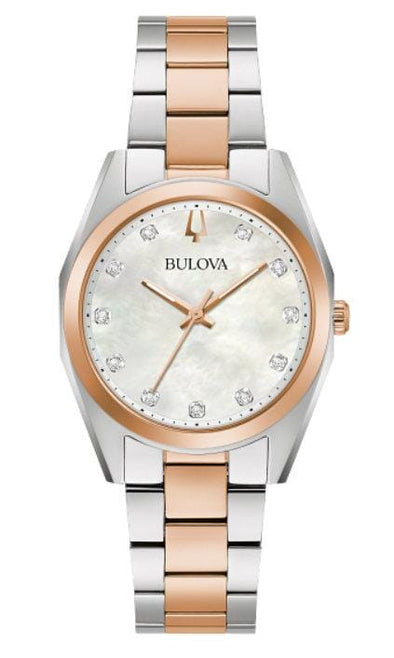 Bulova Ladies Silver Tone, Rose Gold Tone, Stainless Steel Bracelet Diamond Dial, Mother of Pearl Dial Quartz Watch -