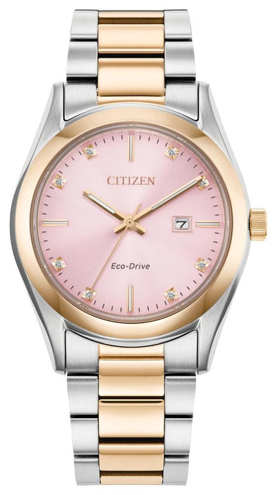 Citizen Ladies Two Tone, Stainless Steel Bracelet Diamond Dial, Date Only, Sapphire Crystal, 100m 10ATM Water Resistant Eco-Drive Watch -