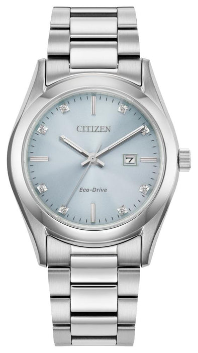 Citizen Ladies Silver Tone, Stainless Steel Bracelet Diamond Dial, Date Only, Sapphire Crystal, 100m 10ATM Water Resistant Eco-Drive Watch -