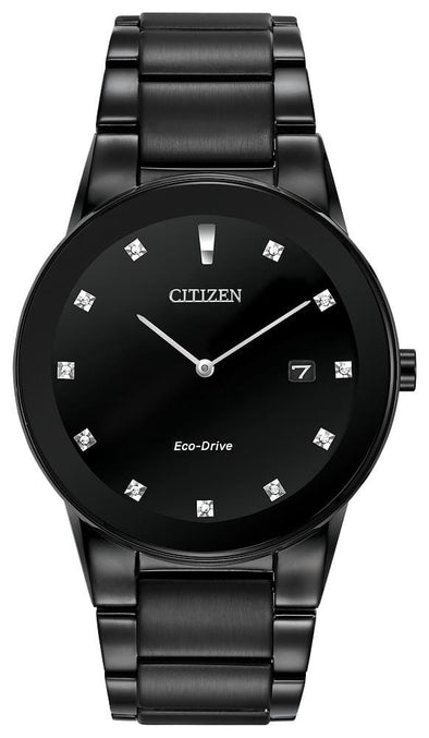 Citizen Gents Black, Stainless Steel Bracelet Diamond Dial, Date Only Eco-Drive Watch