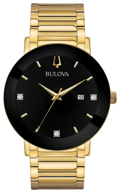 Bulova Gents Gold Tone, Stainless Steel Bracelet Diamond Dial, Date Only, 30m 3ATM Water Resistant Quartz Watch -