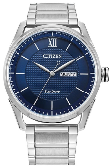 Citizen Gents Silver Tone, Stainless Steel Bracelet Day & Date, 100m 10ATM Water Resistant Eco-Drive Watch -