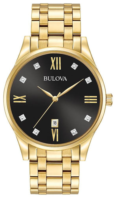 Bulova Gents Gold Tone, Stainless Steel Bracelet Diamond Dial, Date Only, 30m 3ATM Water Resistant Quartz Watch -