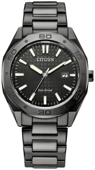 Citizen Gents Gun Metal / Gray, Stainless Steel Bracelet Date Only, 100m 10ATM Water Resistant Eco-Drive Watch -