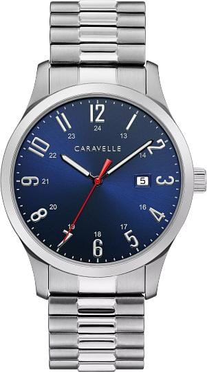 Caravelle New York Gents Silver Tone, Expansion Bracelet Date Only, 30m 3ATM Water Resistant, 24 Hour Dial Quartz Watch -