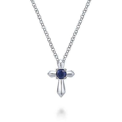 Sterling Silver Blue Sapphire Cross Pendant Necklace.